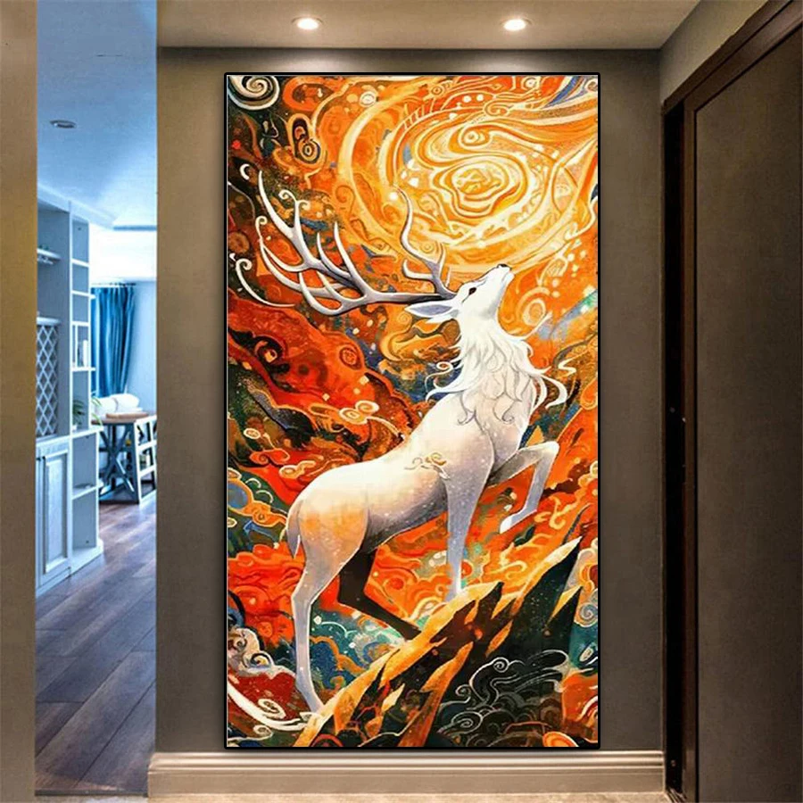 Fullcang Diy Big Size Diamond Painting Abstract White Deer Full Mosaic Embroidery Animals Picture Jewelry Cross Stitch Kits