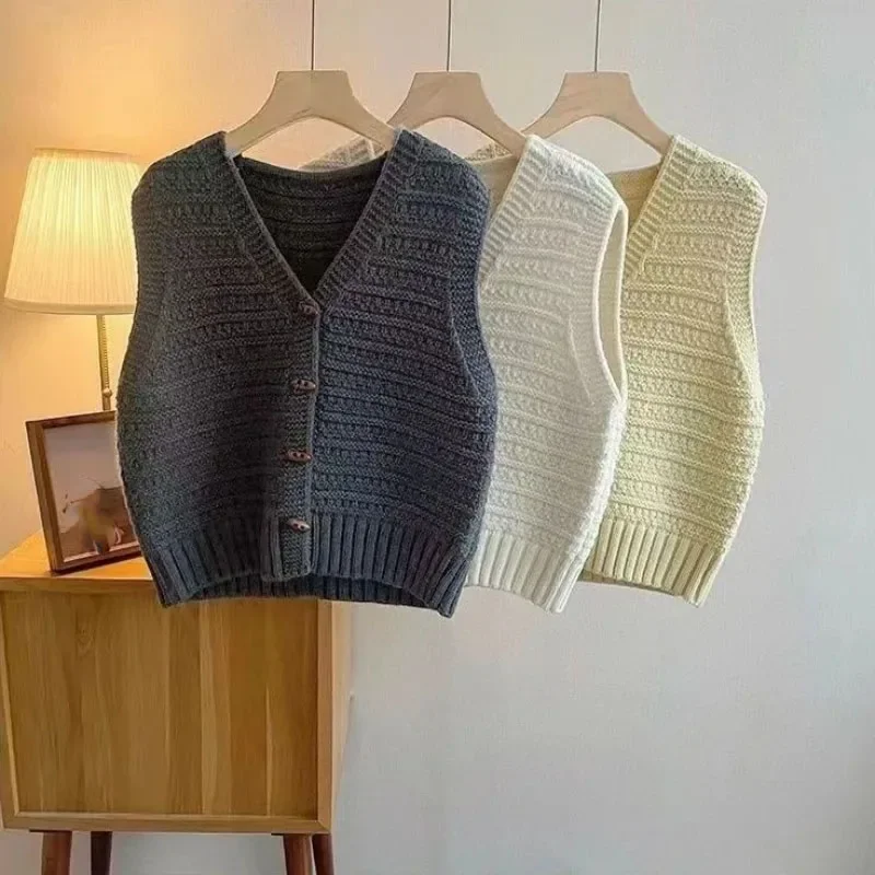 Damskie luźne kamizelki vintage, odzież bez rękawów, japońska kamizelka, jednolite kolory, codzienne topy, 2025 Ropa Mujer, dzianinowe tank topy, płaszcze.