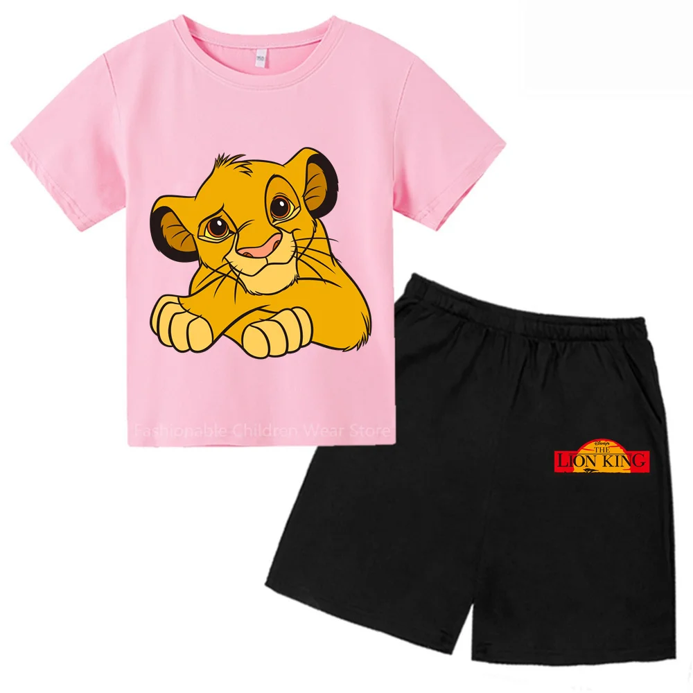 2024 Trendy Disney The Lion King Short Sleeve Shorts Childrens Set Boys Girls Summer Cotton Fashionable Casual Clothes