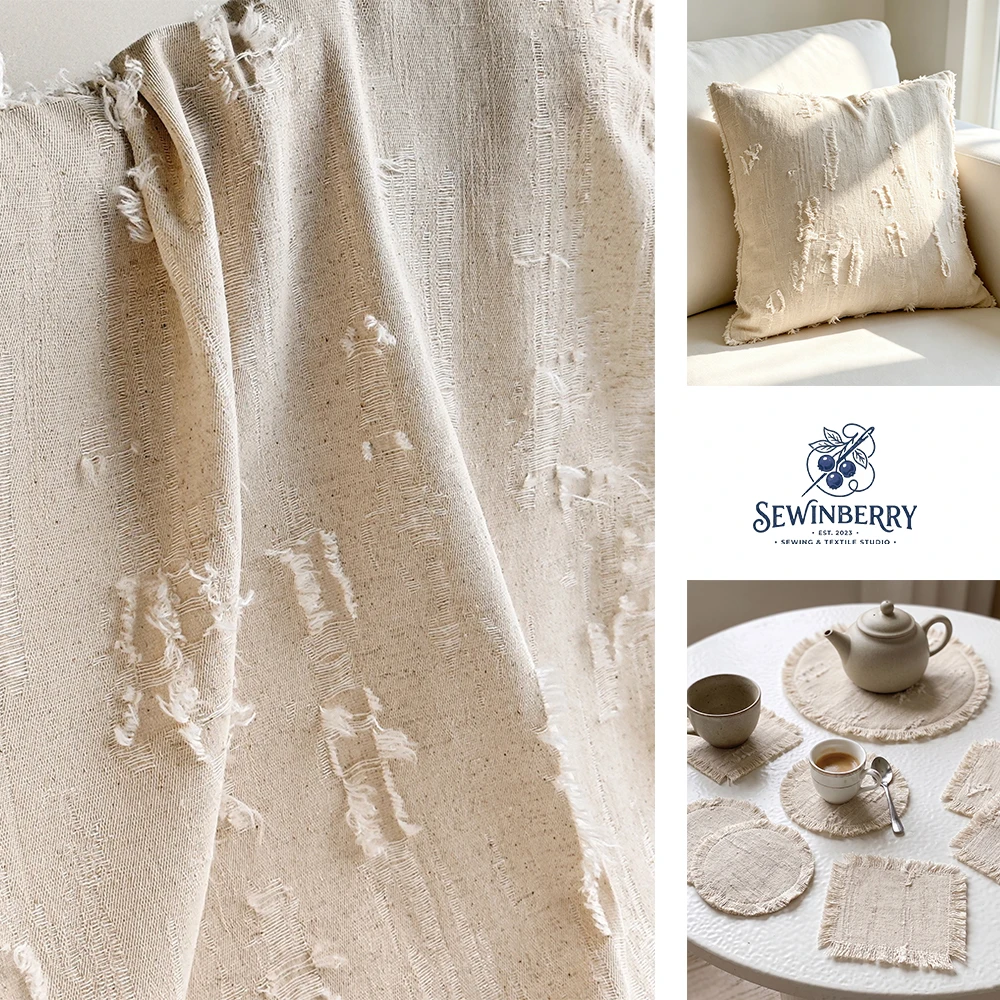 

Natural Distressed Cotton-Linen Blend Fabric Wabi-Sabi Textured Raw-Edge Fabric for Rustic Home Decor & Quilting 50x140cm