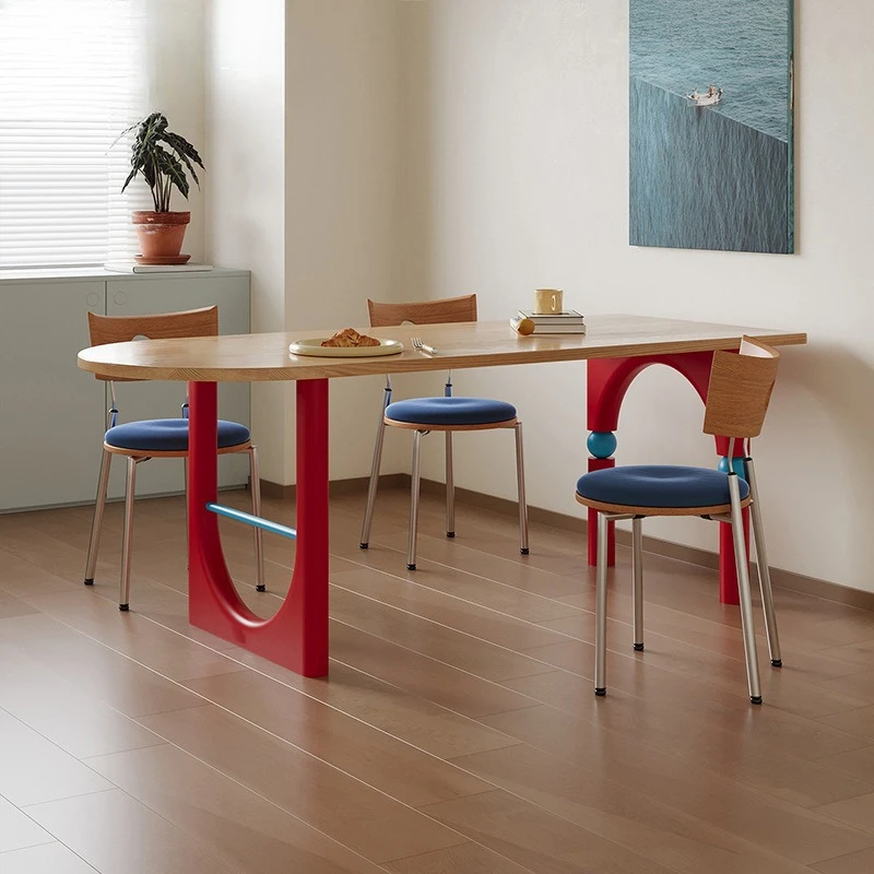 

Bauhaus solid wood dining table household small apartment Memphis color matching dining table log antique island table