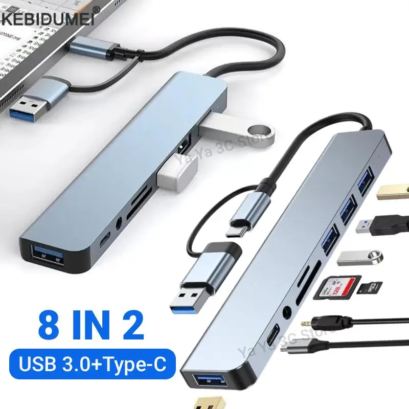 

USB +Type C HUB Docking Station with 3.5mm Audio Jack Adapter Micro SD Card Reader Multi-hub Splitter for Macbook Laptop Tablet