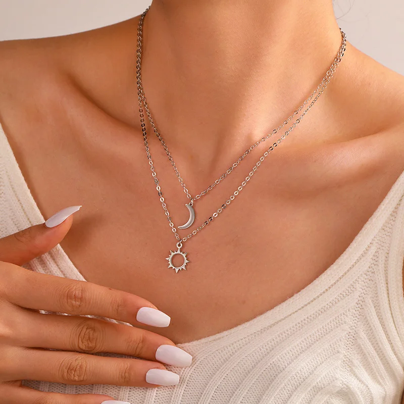 2 Pcs/Set Stainless Steel Silver Color Sun Moon Necklace For Best Friends Friendship Jewelry Gifts
