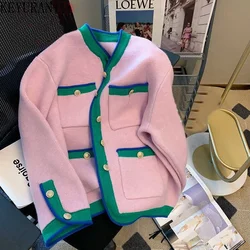 Cardigan lavorato a maglia con scollo a v con bordo a contrasto di colore autunno inverno donna Vintage coreano moda maglione addensato giacca vestiti gotici