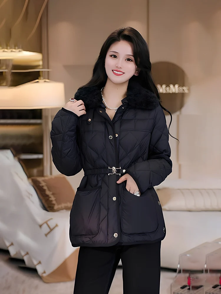 

Женская зимняя теплая повседневная куртка-пуховик свободного кроя из нейлона с клапаном и меховым воротником в клетку, с наполнителем из гусиного пуха