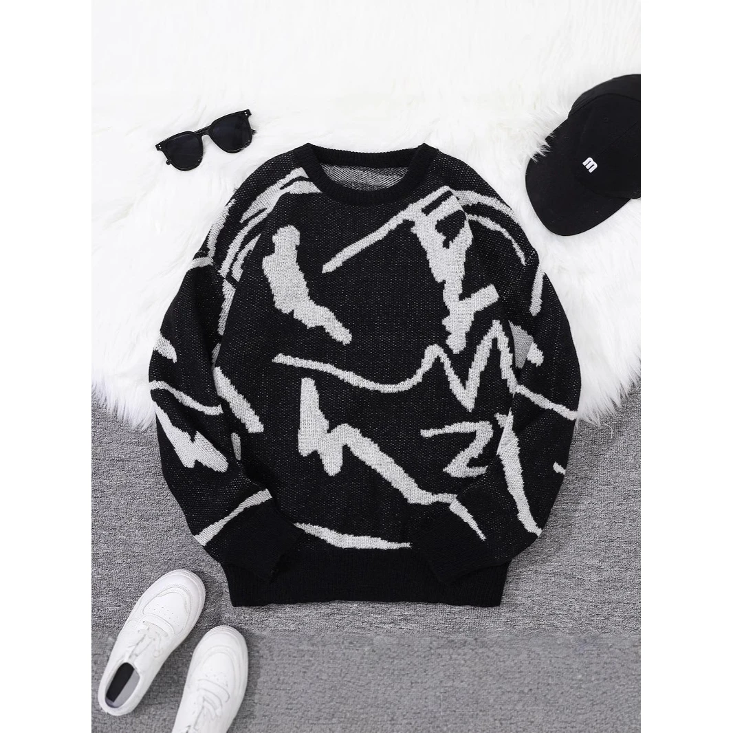 Modny, luźny, długi sweter z okrągłym dekoltem, dzianinowy, idealny na jesień i zimę, stylowy streetwear, wygodny i swobodny top.