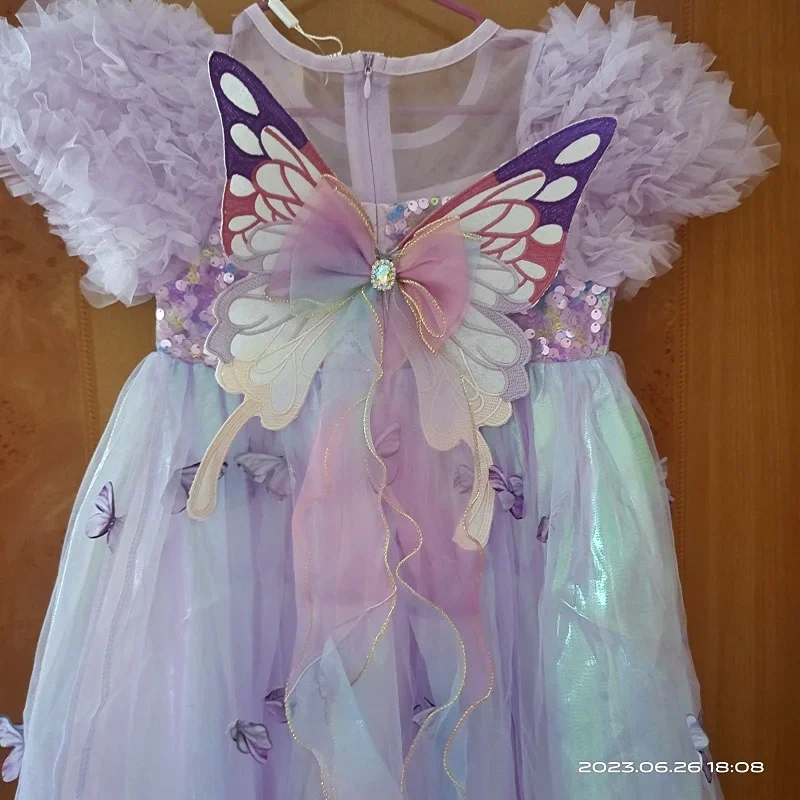 2024 Summer New Girls Butterfly Wings Sequin Splice Dress Children Performance Dress Baby Bubble Sleeve Princess Dress