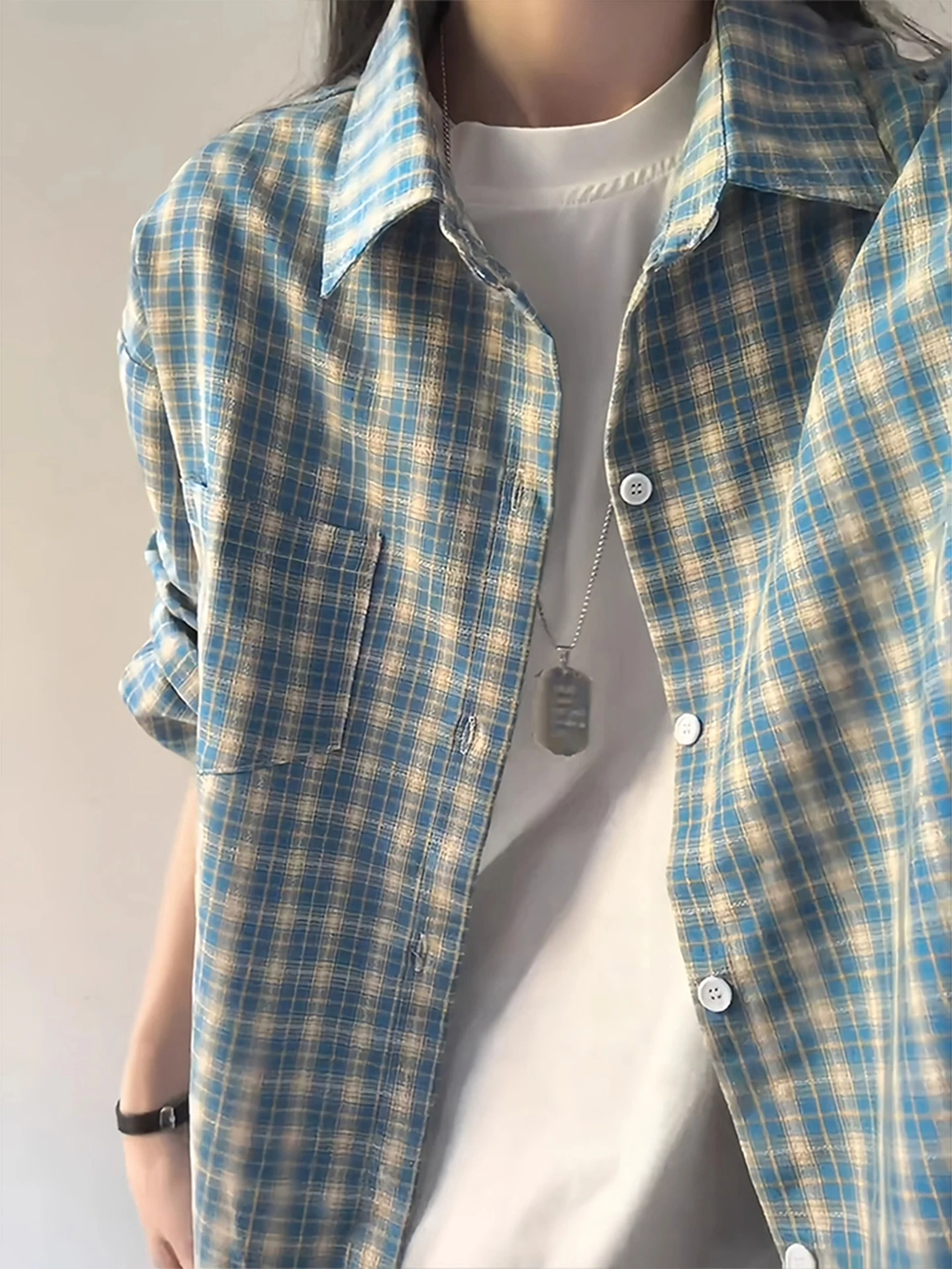 

Loose Fit Plaid Long Sve irt Men's Sle Autumn Korean Retro High End Feeling Outerwear Lazy Loose irt Color Blo