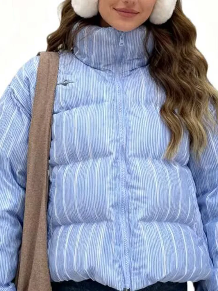 

European-style new women's fashionable and versatile blue and white striped stand-collar long-sleeved cotton coat.