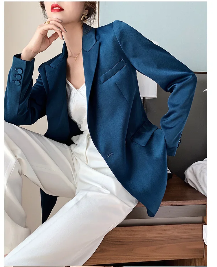 Blue Blazer for Women 2024 Spring Autumn Trendy Korean Style Luxury Satin Suit Jacket OL Work Coat Female Outerwear