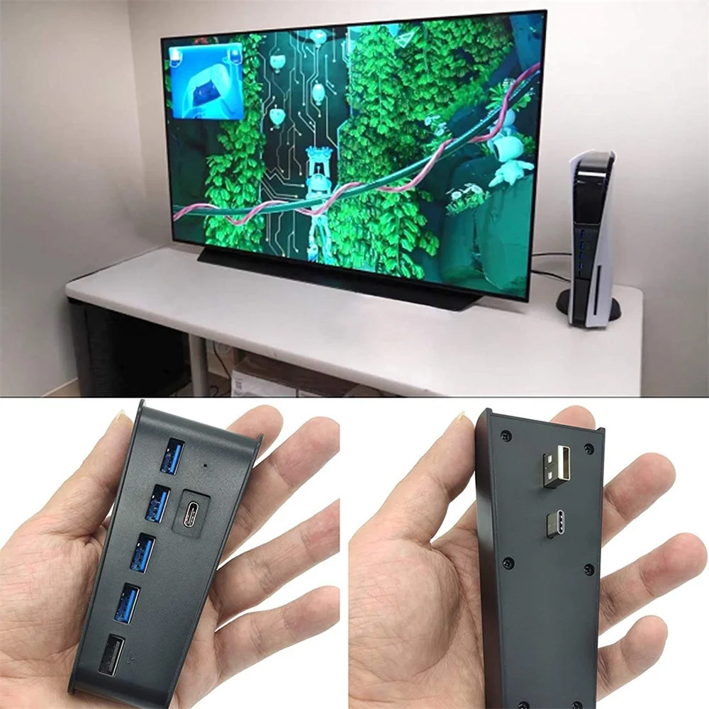 Przedłużacz USB do rozgałęźnika USB dla PS5 rozgałęźnika rozgałęźnika rozporowego dla PlayStation 5 z 4 USB + 1 Port ładowania USB + 1 Port USB C