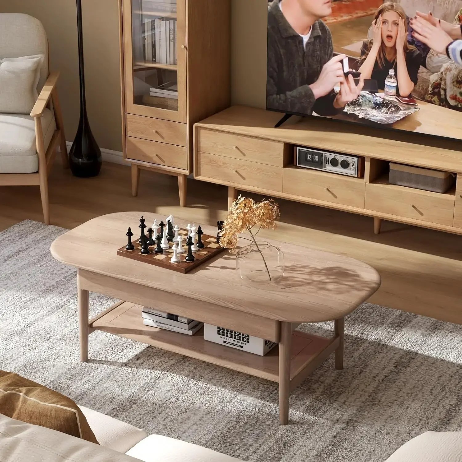 100% Solid Wood Coffee Table for Living Room, 2-Tier Coffee Table with 2 Drawers and Shelf Storage, Mid Century Modern Table for