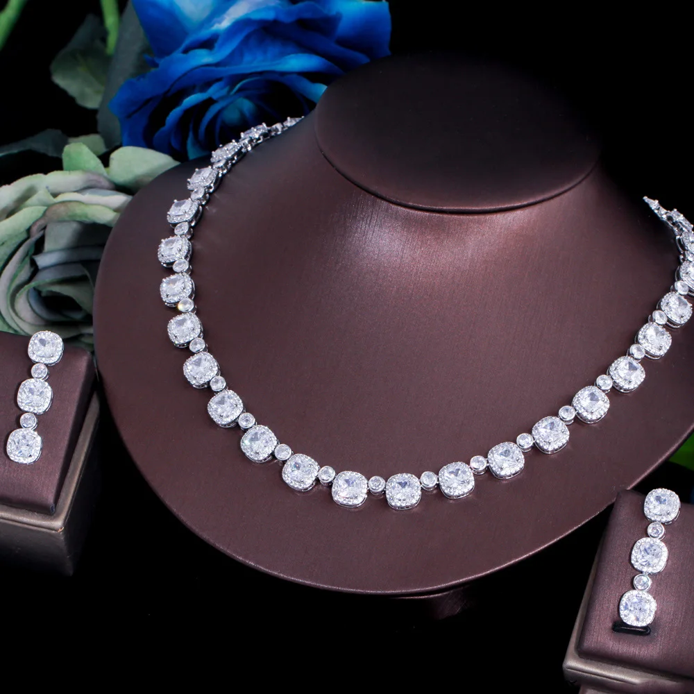 

ThreeGraces Luxury Sparkling Zirconia Necklace Earrings Engagement Wedding Bridal Party Jewelry Set for Women TZ974