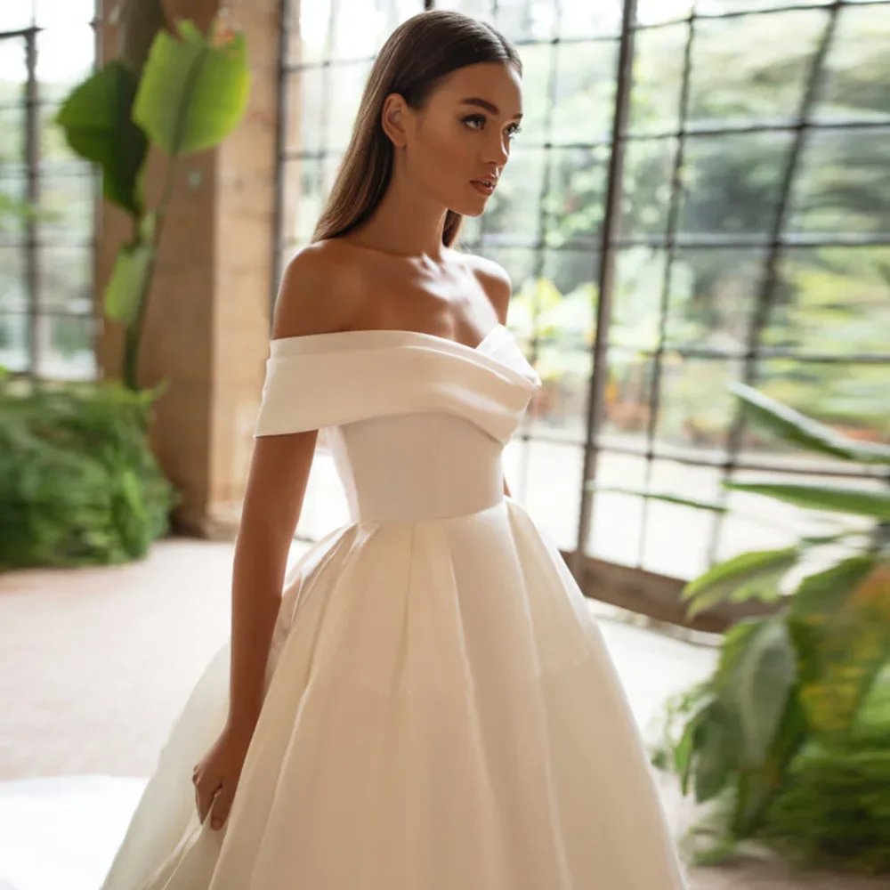 

Elegant Satin Wedding Dress For Woman Off Shoulder Buttons 2025 Bride A-LINE Pleat Vestido De Casamento Free Custom Made