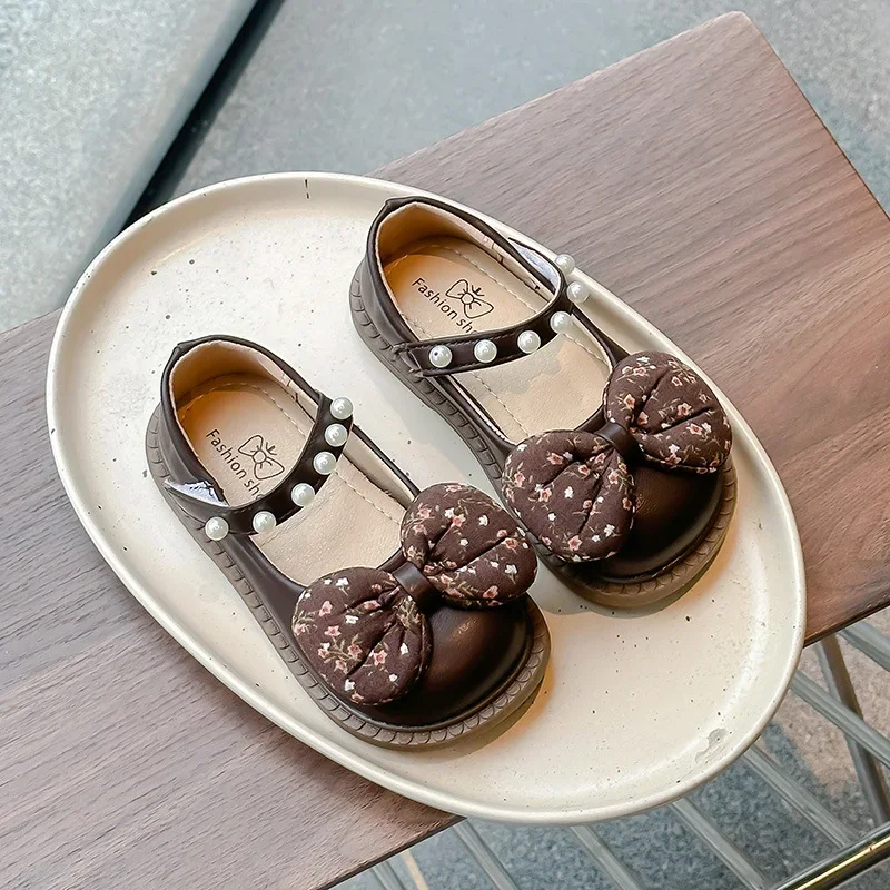 

Kids Princess Flats with Sweet Floral Bows Girls Leather Shoes Elegant 2025 Autumn New Children Casual Dance Shoes Round Toes