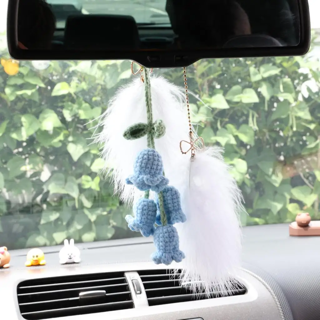 Hand Made Knitted Crochet Bell Flower Pendant For Woman Car Ornament Mirror Hanging Key Ring Chain Rear View Mirror Accessories 