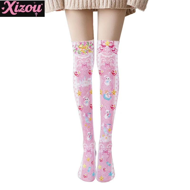 Moe Kawaii Printed Stockings Thin Women's Spring and Autumn Lolita Pink Cute Anime Knee Long Tube White Velvet Sockings Female