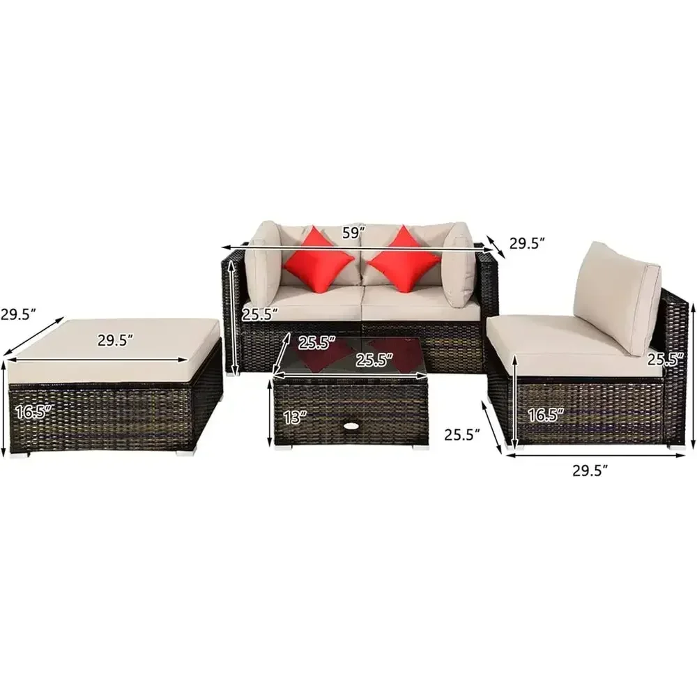5-Piece Outdoor Wicker Sectional Sofa Set with Tempered Glass Table, Cushions, Ideal for Patio, Porch, or Balcony, Beige