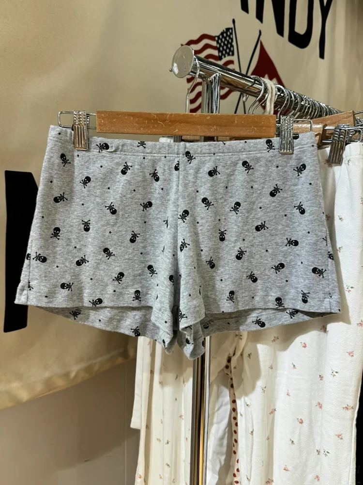 

Skulls Stars Printed Shorts Women Summer White Waist Patchwork Straight Short Pant Retro Sweet Cotton Home Pajama Underwear Y2k