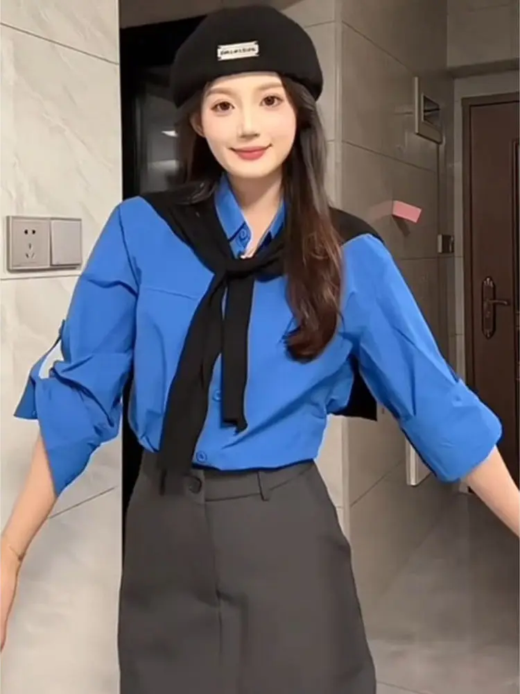 

Fashionable Korean Style Slimming Shoulder Shawl Shirt High Waist Skirt Two Piece Set for Women Casual Autumn Wear