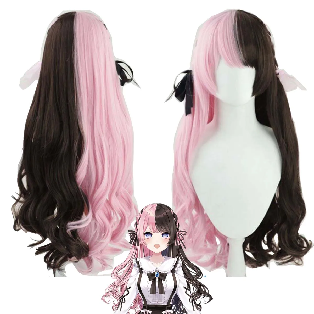 Women Virtual YouTuber VTuber Hinano Tachibana Cosplay Long Half Pink Half Black Heat Resistant Hair Wigs
