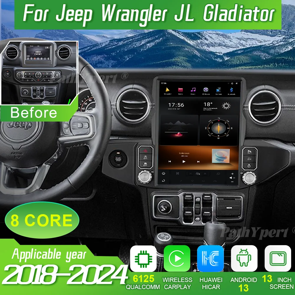 

13-дюймовый HD 4K видеоэкран с Android 13 для Jeep Wrangler JL Gladiator 2018-2024, автомобильная мультимедийная система с беспроводным CarPlay, GPS и Bluetooth.