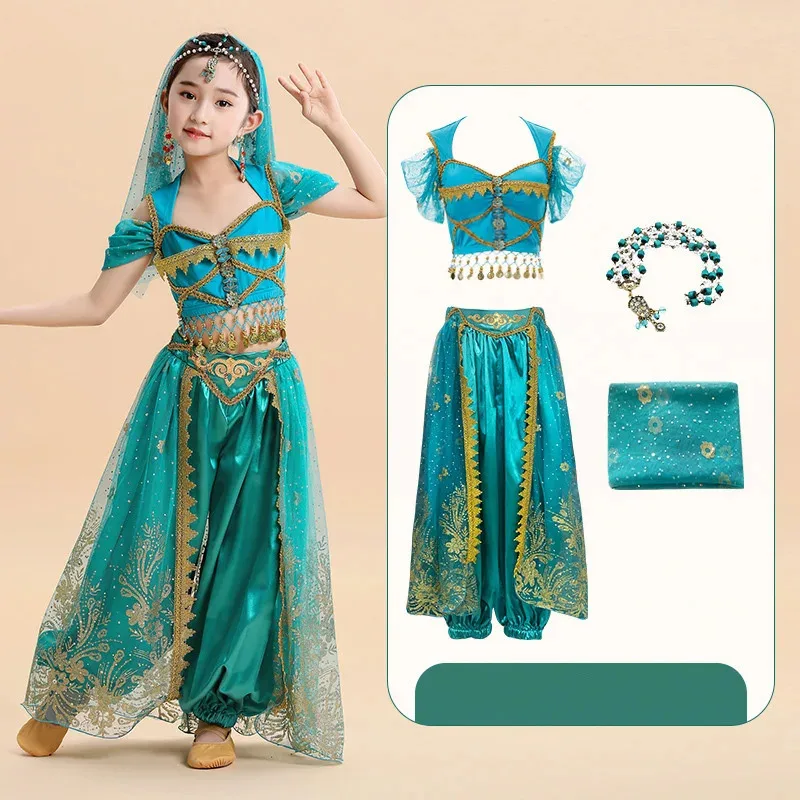 Vestido de princesa Cospaly de Halloween, conjunto de princesa Jasmine para niños, vestido de actuación de danza india para niñas, vestido de actuación en escenario