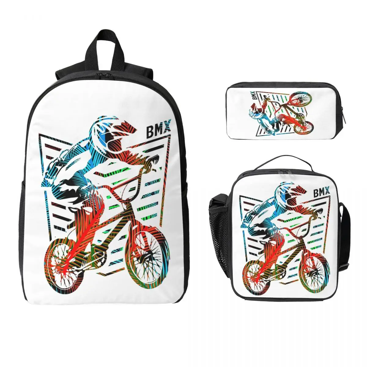 

Bmx Apparel Retro Bmx Bike Old School Colourful Backpack Student Boy Girl BookBag School Bag 3ps Insulated Lunch Bag Pencil Case