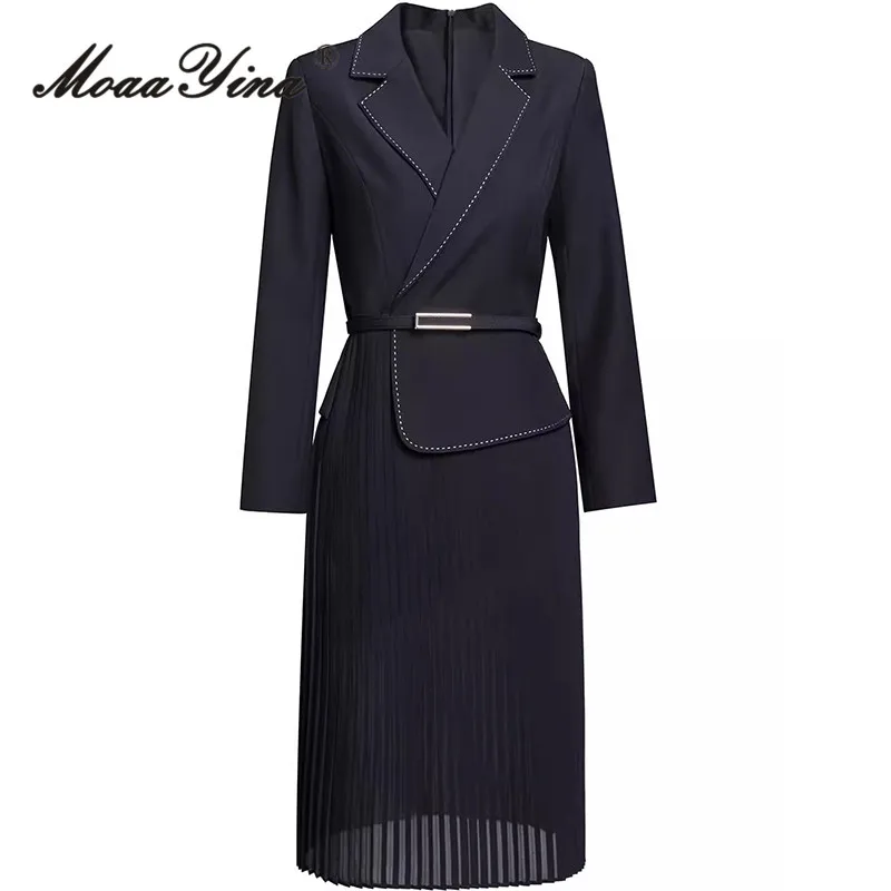 

MoaaYina Autumn Winter Women's Commuter Dress Notched Long Sleeved Pretty Slim-Fit Hip Wrap Pleated Splicing Lace-UP Dresses