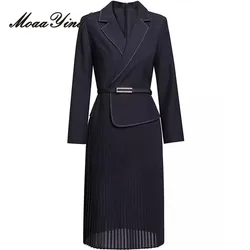 MoaaYina Autumn Winter Women's Commuter Dress Notched Long Sleeved Pretty Slim-Fit Hip Wrap Pleated Splicing Lace-UP Dresses