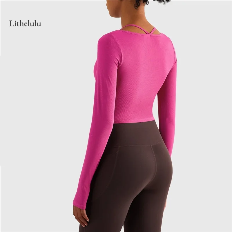 

Women's Solid Color Long Sleeve Yoga Shirt Fitness Top Halterneck Workout Training Jogging T-shirt Gym Running Tee with Bra