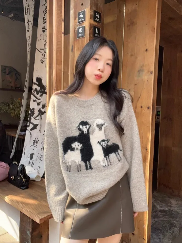 Korobov Cute Lamb Jacquard Crewneck Sweater Women's Clothing Sueter Mujer Autumn Korean Fashion Simple Loose Knitwear Top