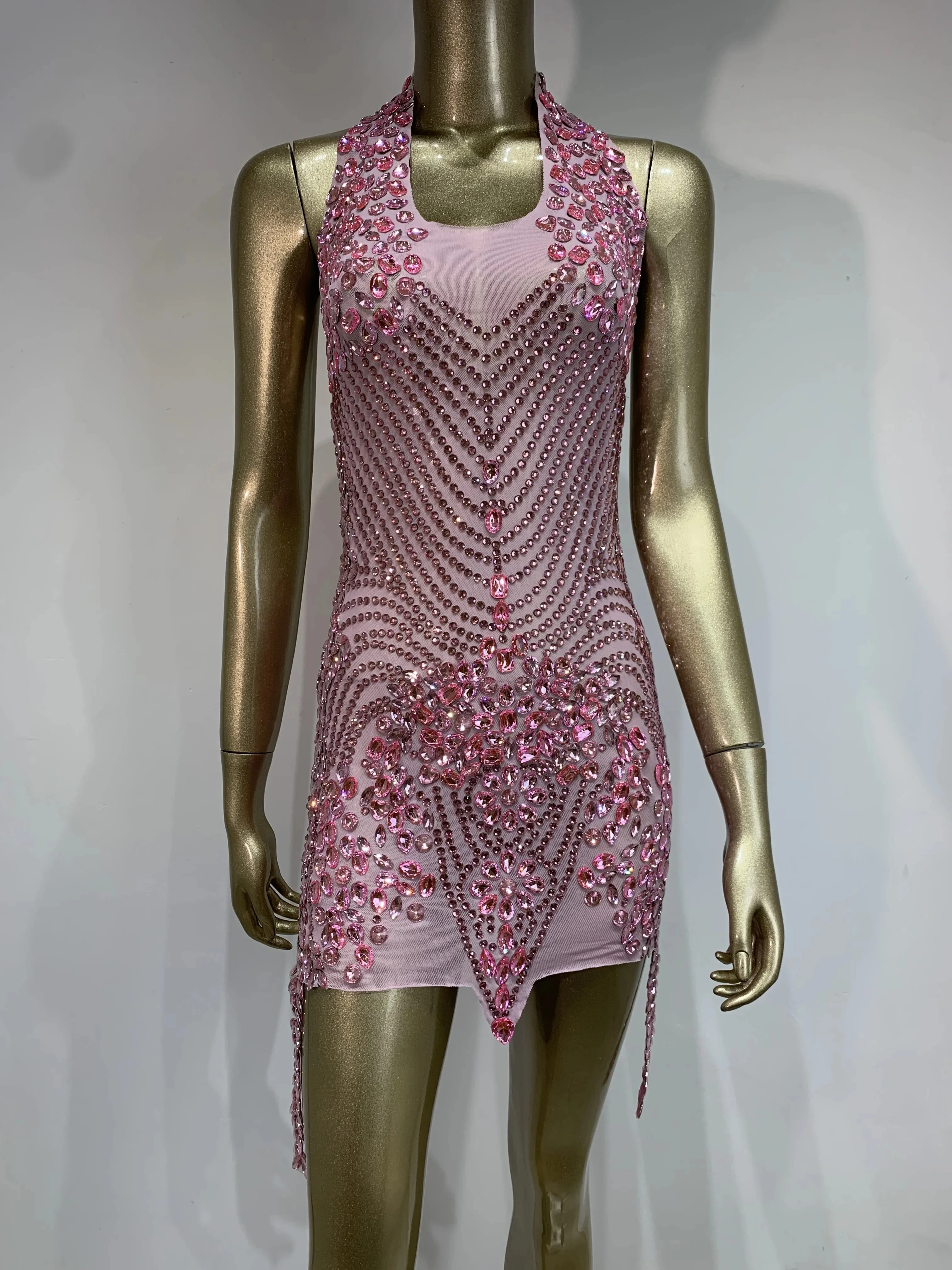 Women Sexy Backless Pink Rhinestone Mini Dress Evening Party Prom Celebrate Birthday Dresses Club Stage Performance Costume