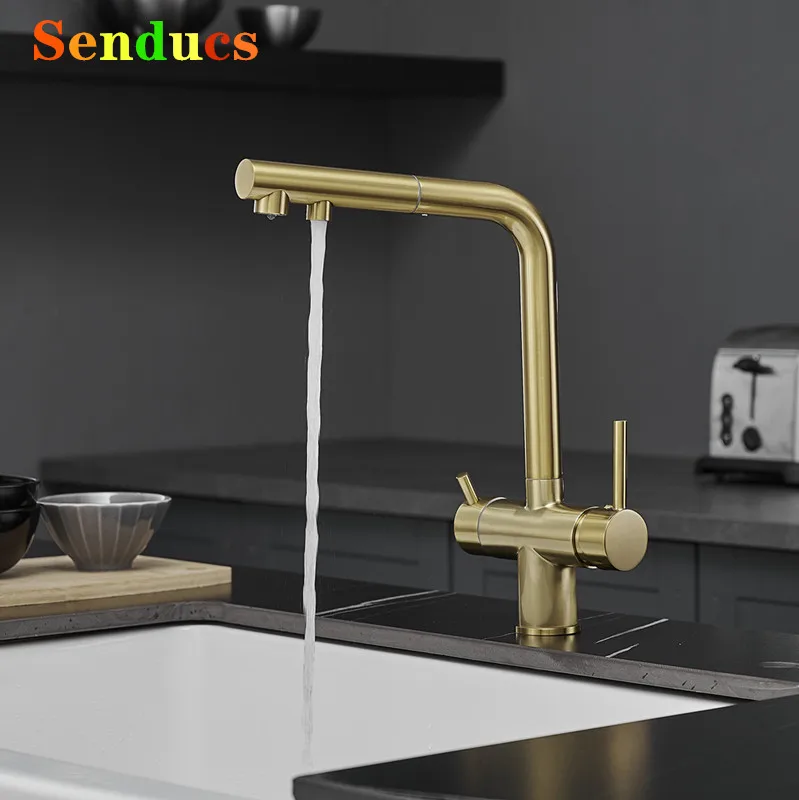 

Brushed Gold Pull Out Filter Kitchen Mixer Faucets Quality Brass Hot Cold Kitchen Sink Mixer Tap 3 Ways Pure Water Pull Out Taps