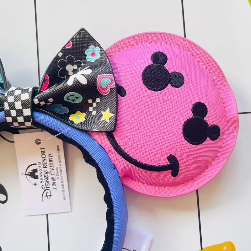 2024 New Disney Mickey Ear Embroidered Smiling Face Leather Headband Disneyland Hair Band Minnie Mouse Hair Accessories Bag