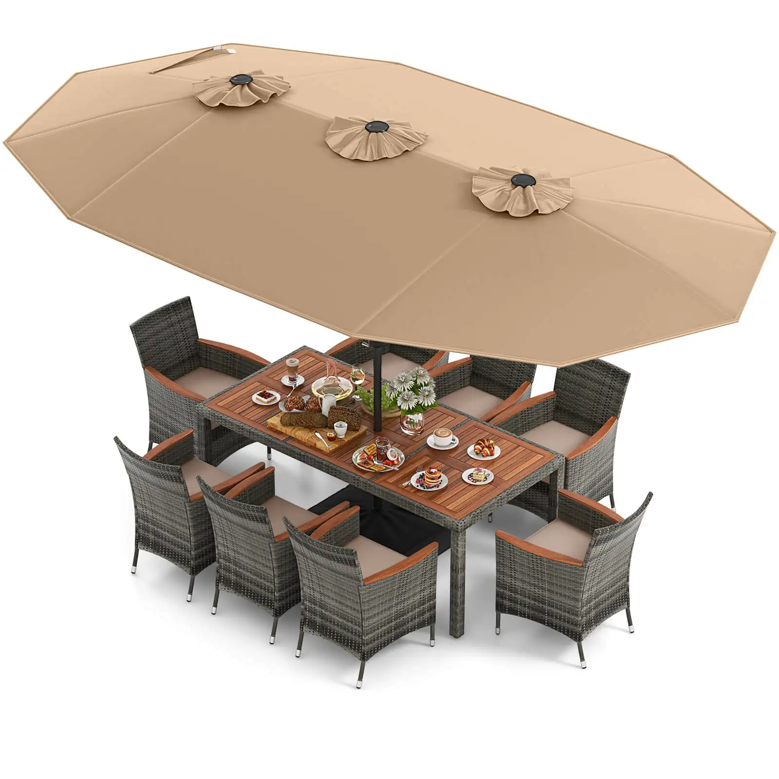 10 Pieces Patio Wicker Dining Set with Double-Sided Patio Umbrella 8 Armchairs Coffee