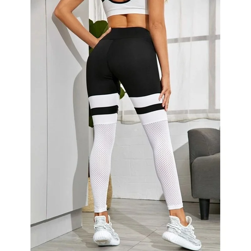 Push Up Leggings Women\'s Solid Color Patchwork Pants Mesh Black White Patchwork Leggins Workout Fitness Push Up Jeggings