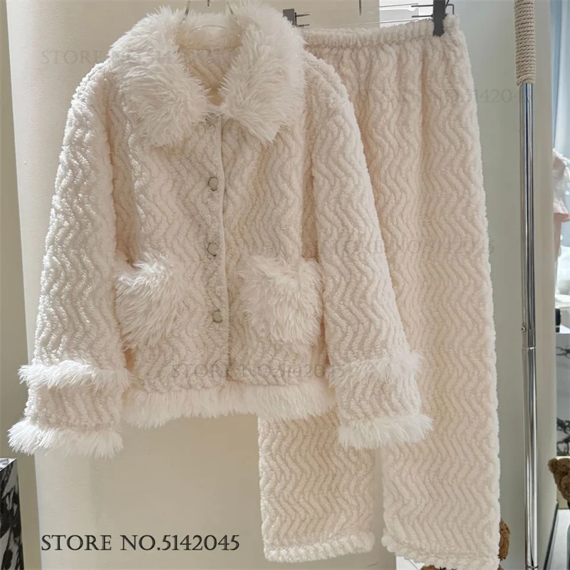 

Зимний фланелевой пижамный комплект для женщин, милая одежда для сна в стиле принцессы, домашняя одежда, утепленная теплая пижама из кораллового флиса, одежда для дома