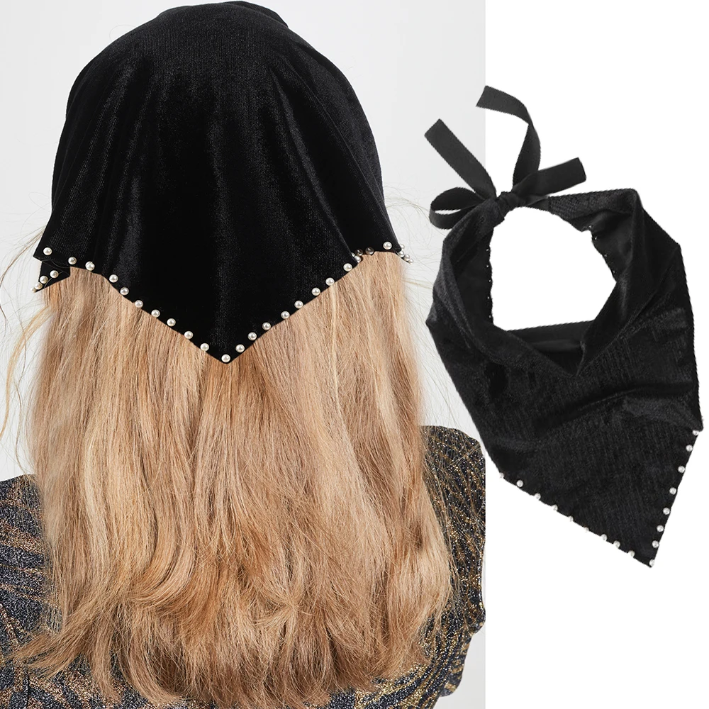 Black Velvet Turban Headbands Women Headwarp Fashion Pearl Bandage Bandana For Ladies Winter Warm Hair Bands Hair Accessories