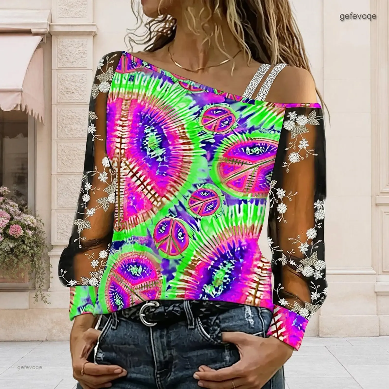 Women Off Shoulder Blouse Asymmetric One Shoulder Top Lace Floral Mesh Long Sleeve Sling Detail Loose Casual T Shirt