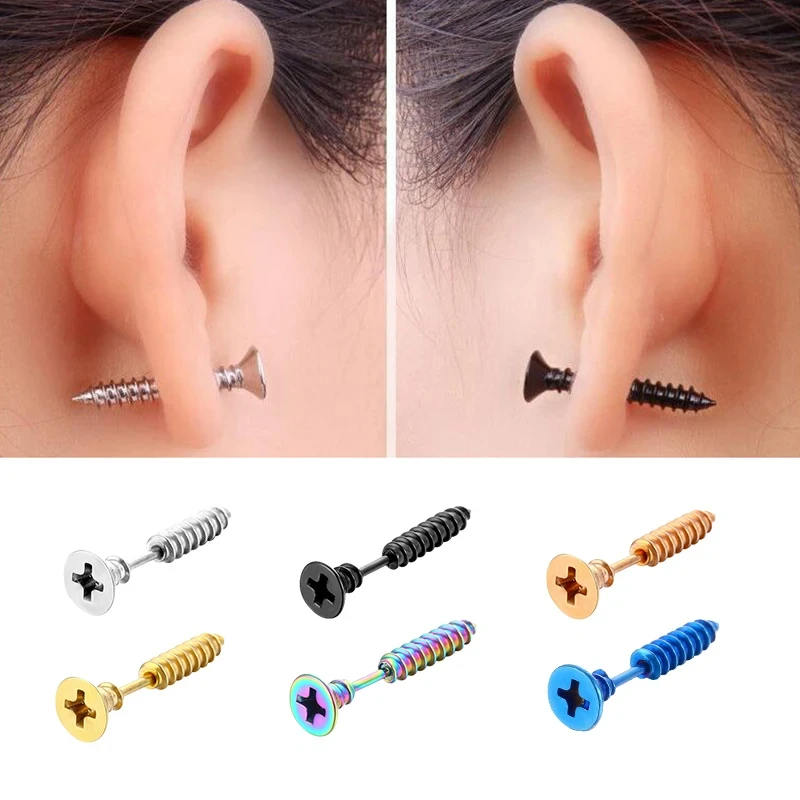 2pc Unisex Women Men Earrings Stainless Steel Piercing Nail Screw Stud Earrings Punk Rock Helix Ear Piercings Spiral Jewelry