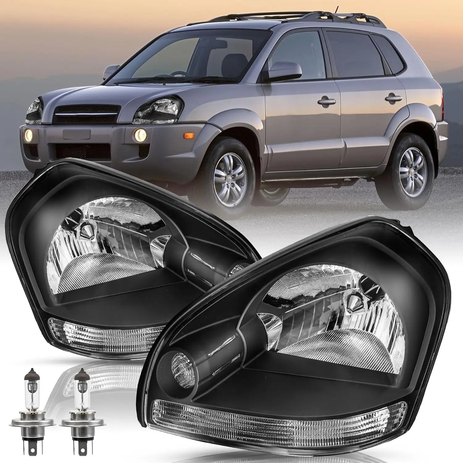 

Fits For 2005 2006 2007 2008 2009 Hyundai Tucson Halogen Headlight Assembly Factory Headlamp, Black Housing with Clear Reflector
