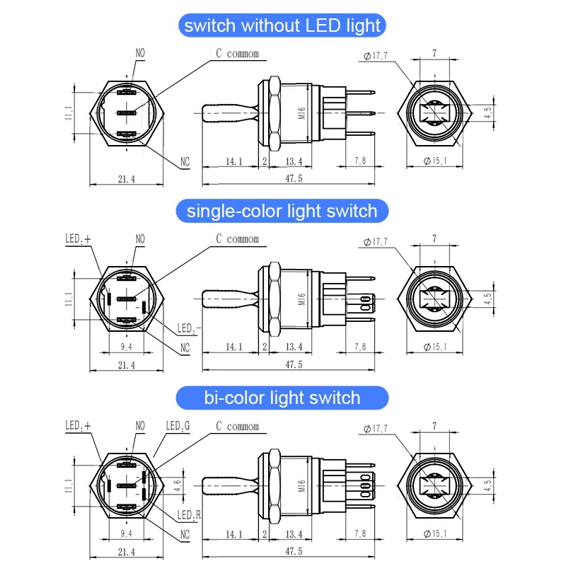 16MM Metal Toggle Switch Waterproof Bicolor LED Light 2 Position Self-locking On Off Micro Switch 1NO1NC 15A 12V 24V 220V 6pin