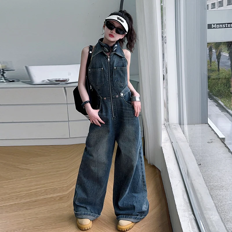 Fashion Summer Kids Female Jeans Bodysuits for Girls Elegant Sleeveless Denim Playsuit Child Cool Streetwear Jumpsuit Outerwear