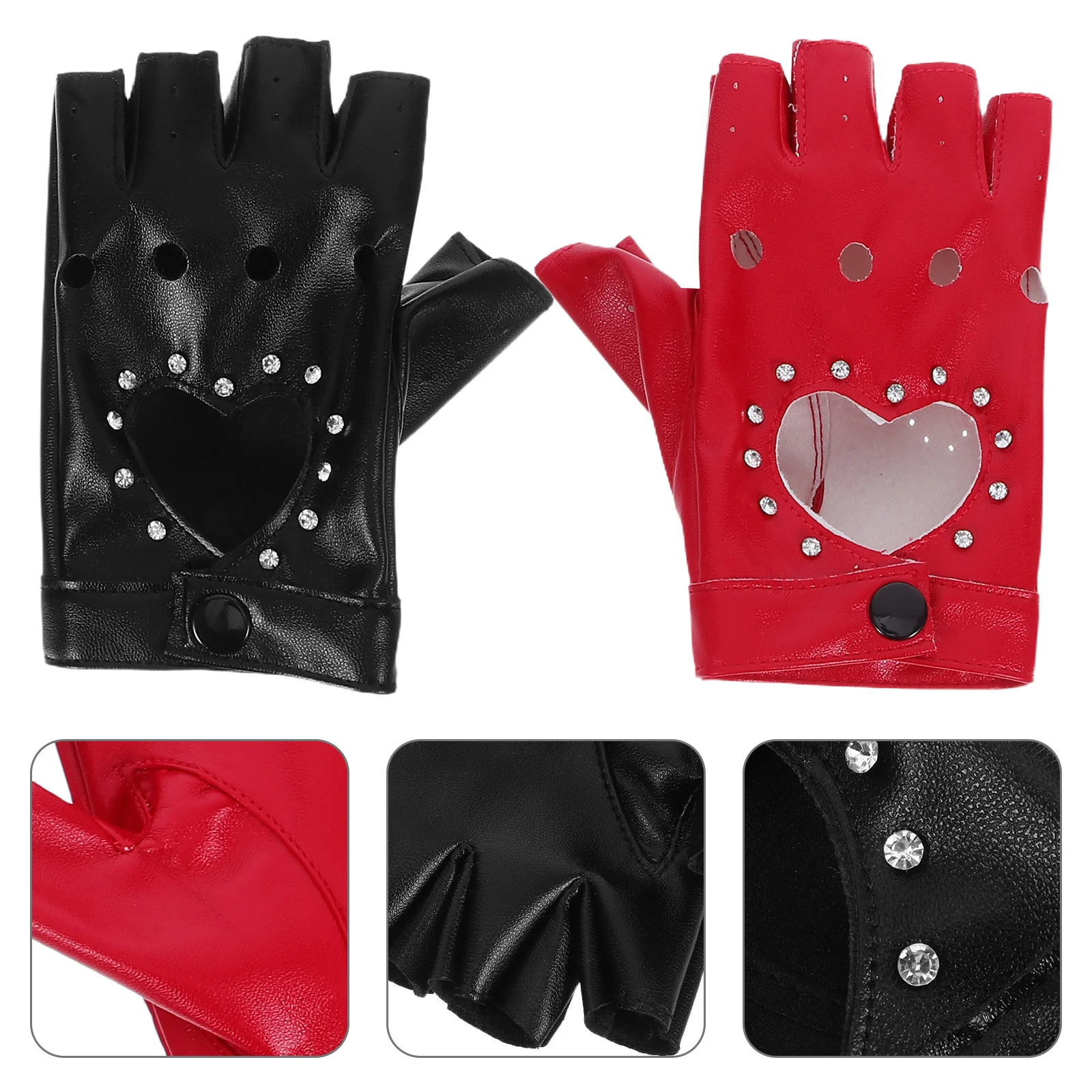 

2Pairs Fingerless Gloves Half-Finger PU Glittery Heart Cutout Punk Style Halloween Costume Dress-Up