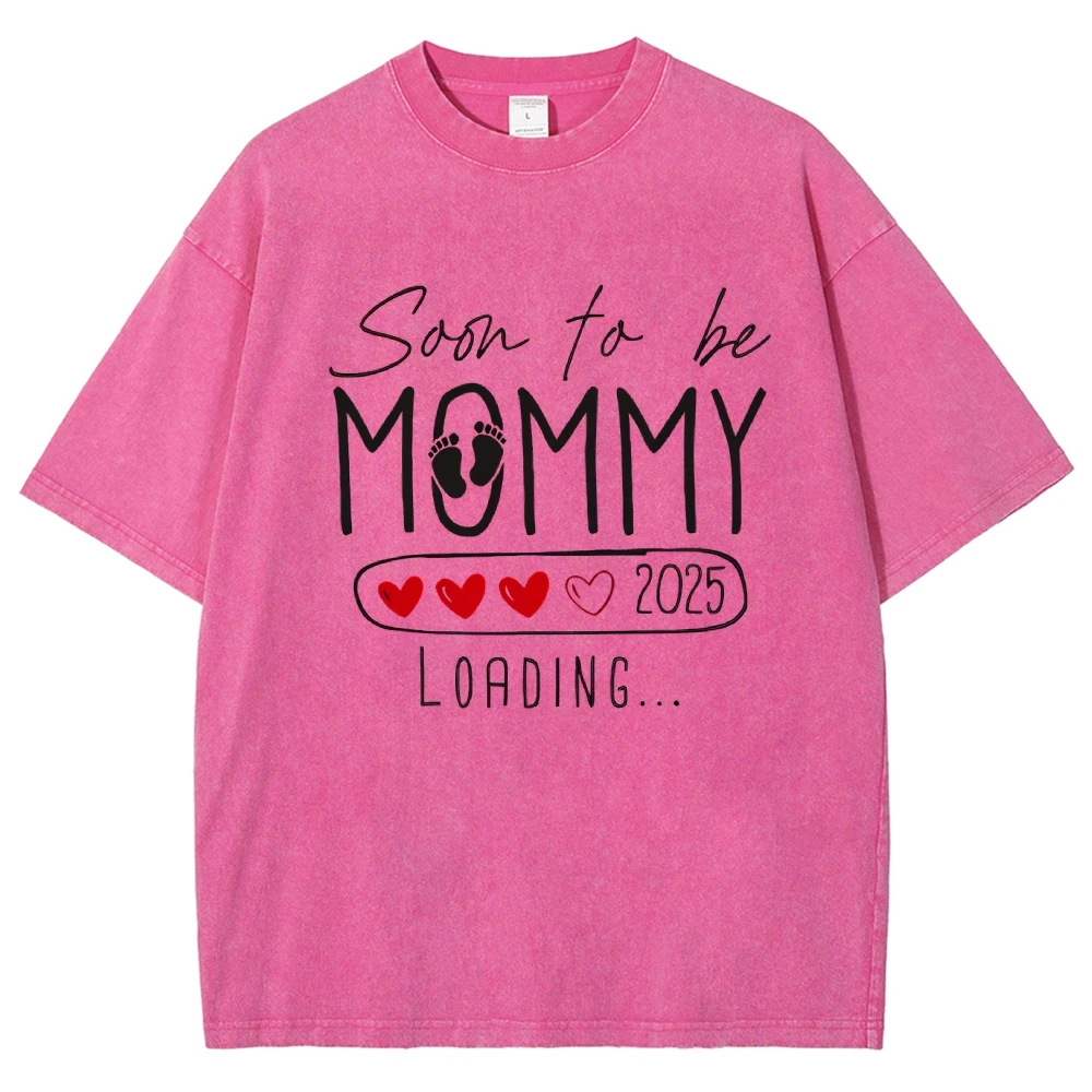 Y2K Round Neck Short Sleeved Soon To Be MOMMY EST 2025 Washed Denim T Shirts Summer Unisex Gift Anniversary costumes 15 Colors