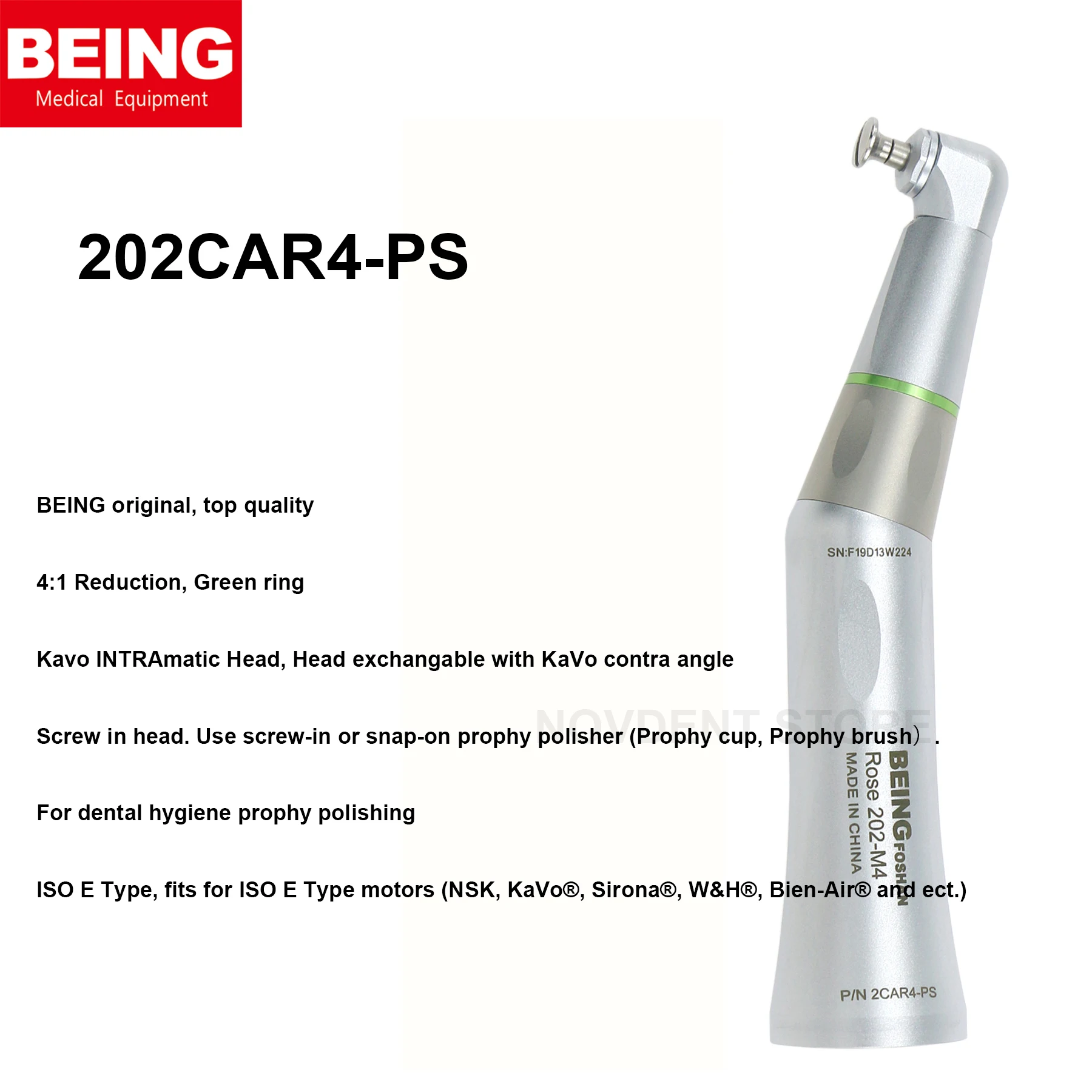 BEING Dental 4:1 Contra Angle Low Straight Speed Fiber Optic Handpiece 202CAR4-PS