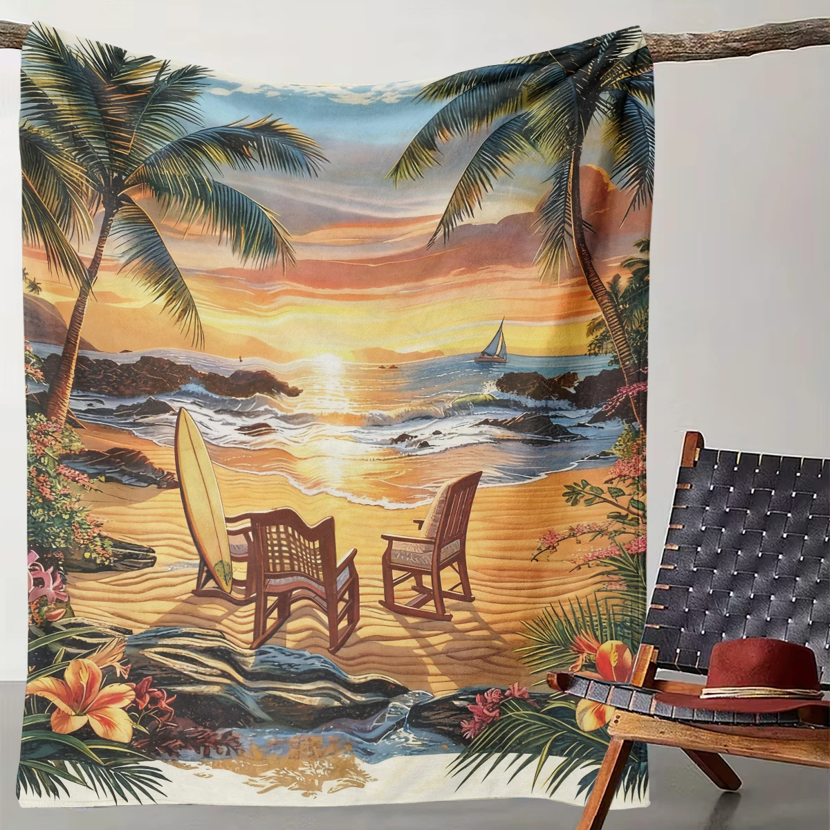 

1 PC Tropical Vacation Sunset Beach Surf Lounge Throw Suitable for Sofa Bed Travel Office