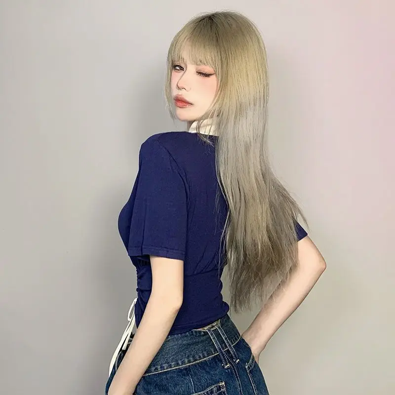 セクシーなトレンディな甘いクロップトップ巾着女性 Tシャツブルーポロカジュアルスキニースリム夏 2025 基本トップ Tシャツ Tシャツ女性のための