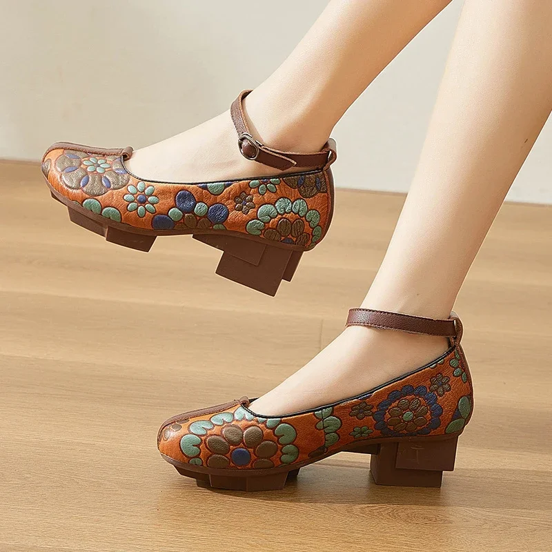 

Birkuir Retro Thick Heel Pumps Printing Flowers Genuine Leather High Heel Buckle Shoes Mary Jane Mother Shoes 5cm Heels Pumps